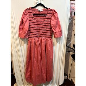 Moodie Womens Dress Size L Pink Smocked Puff Sleeve Midi Casual